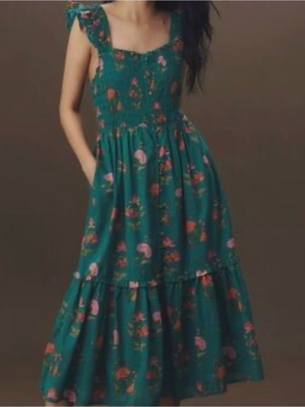 Anthropologie Green Floral Smocked Tiered Maxi Dress | Size XL 100% Cotton